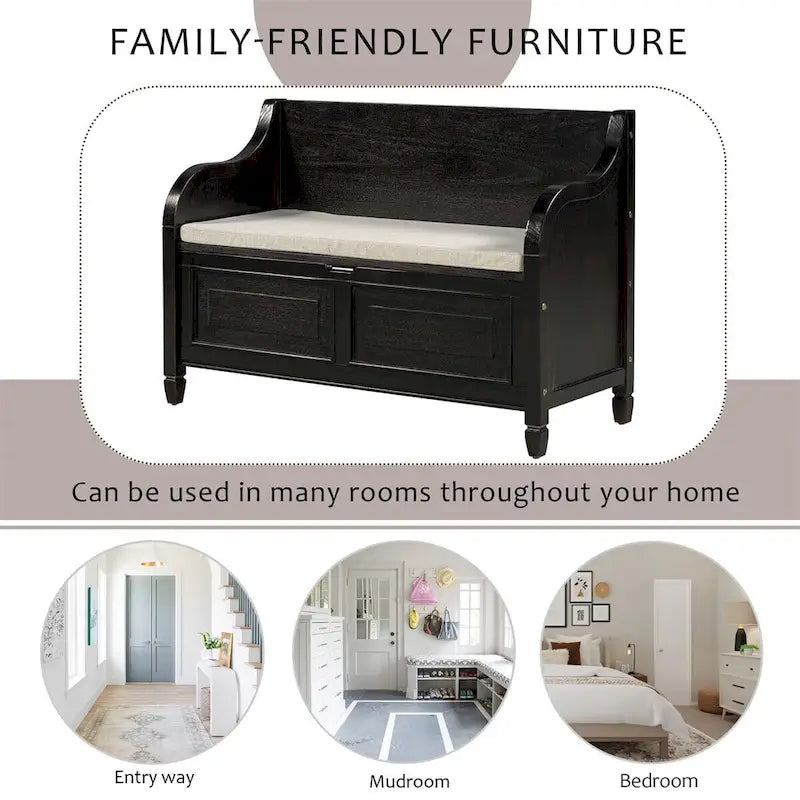 Banc de rangement rustique en bois massif avec compartiment caché et coussin amovible — Entrée et chambre à coucher