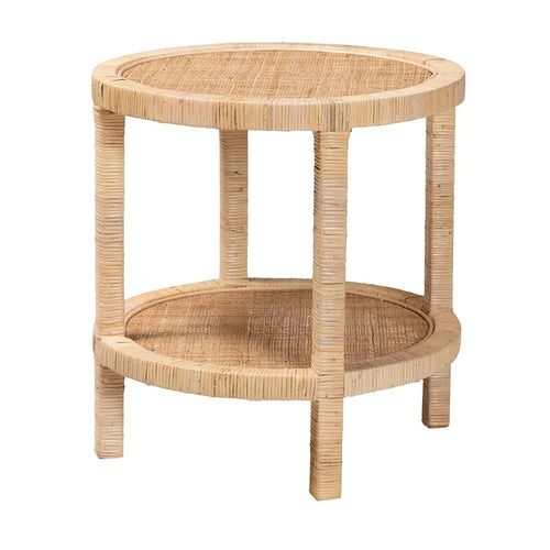 Table d'appoint ronde bohème avec tissage en rotin et étagère ouverte — Cadre en bois d'acajou