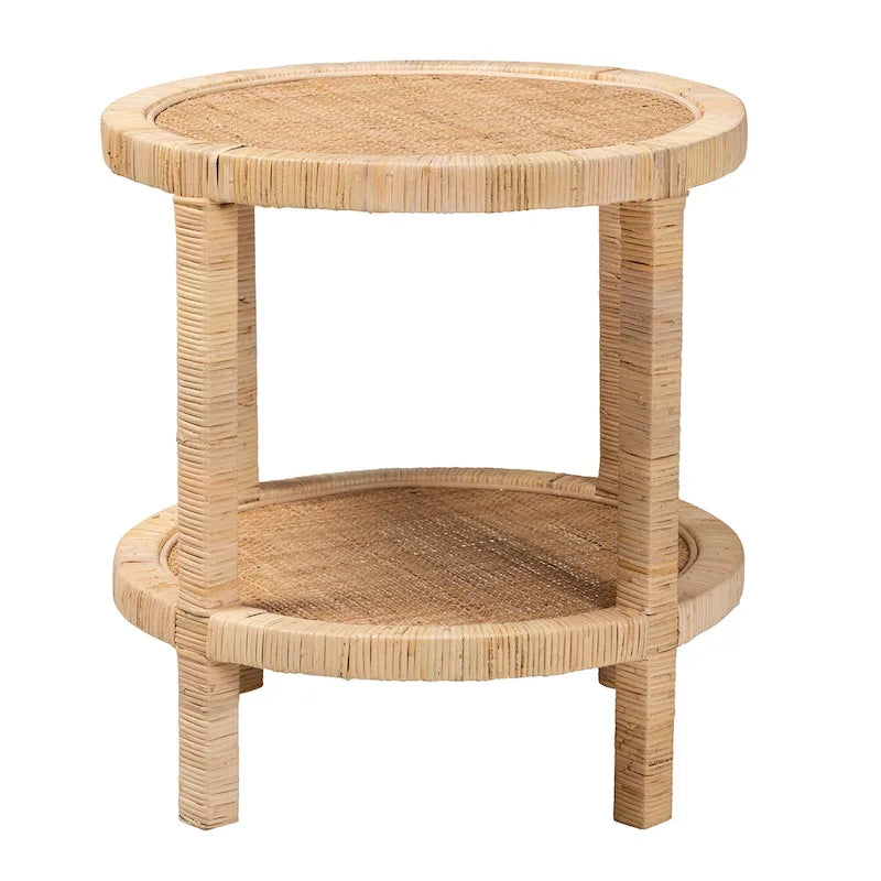 Table d'appoint ronde bohème avec tissage en rotin et étagère ouverte — Cadre en bois d'acajou