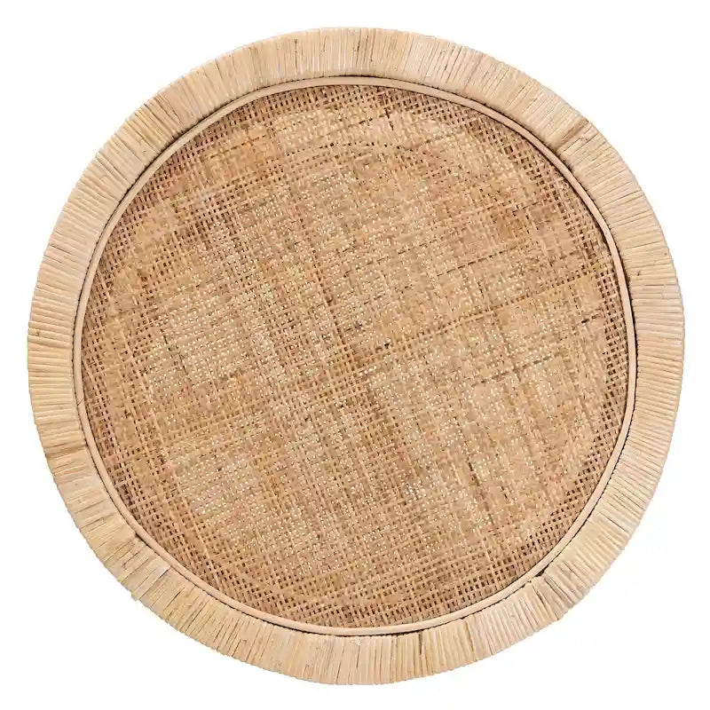 Table d'appoint ronde bohème avec tissage en rotin et étagère ouverte — Cadre en bois d'acajou