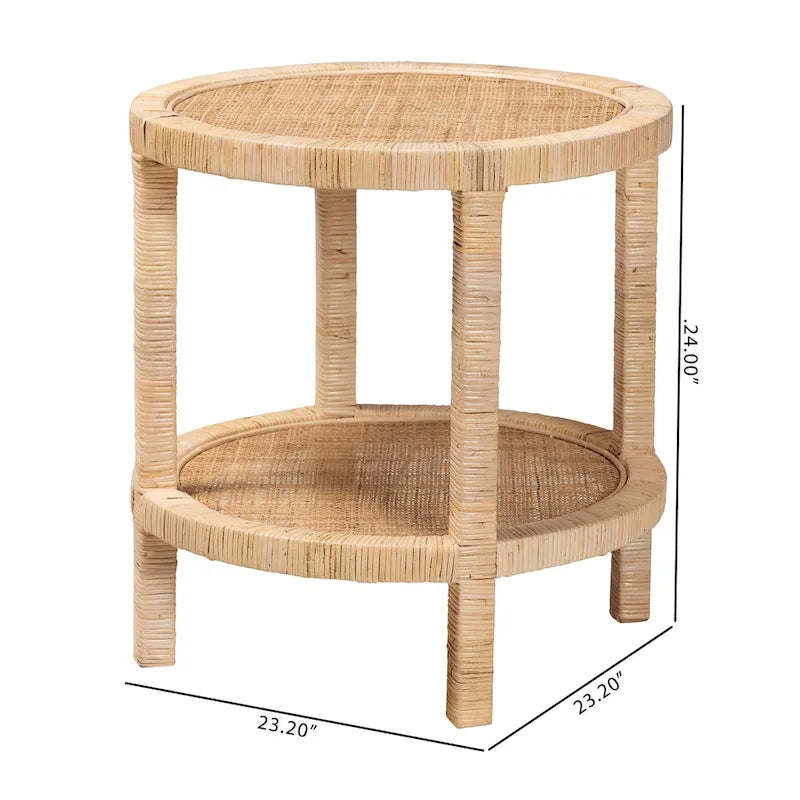 Table d'appoint ronde bohème avec tissage en rotin et étagère ouverte — Cadre en bois d'acajou