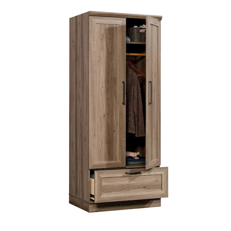 Armoire de rangement avec penderie, étagère réglable et tiroir inférieur — 4 finitions possibles