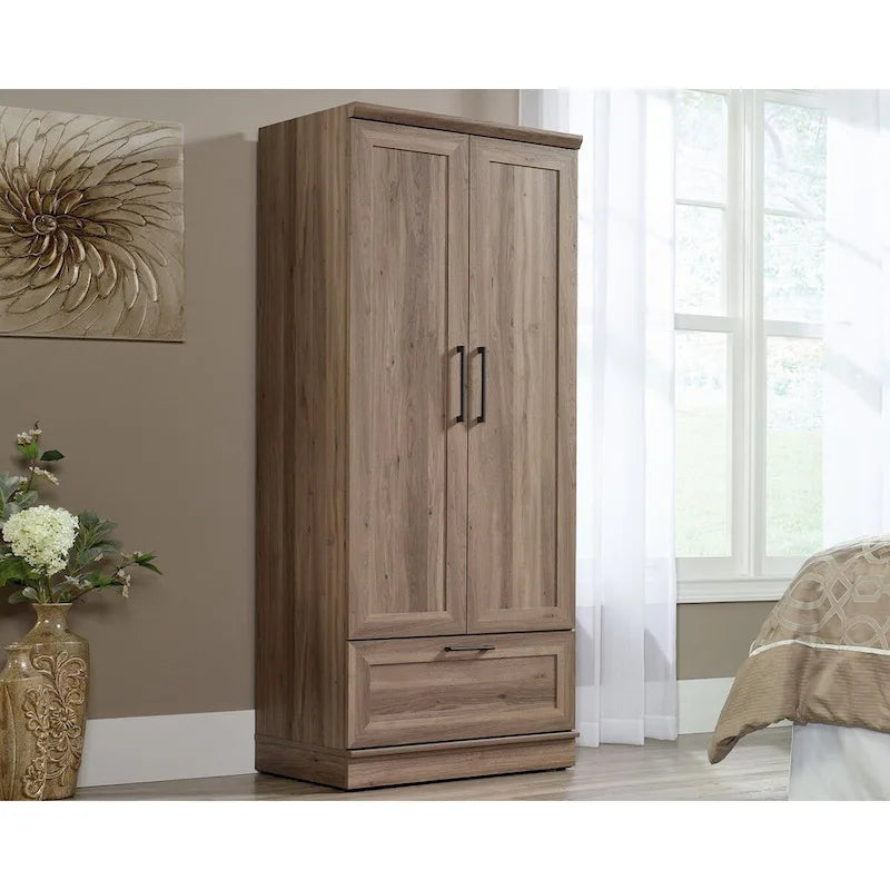 Armoire de rangement avec penderie, étagère réglable et tiroir inférieur — 4 finitions possibles