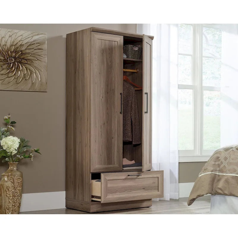 Armoire de rangement avec penderie, étagère réglable et tiroir inférieur — 4 finitions possibles