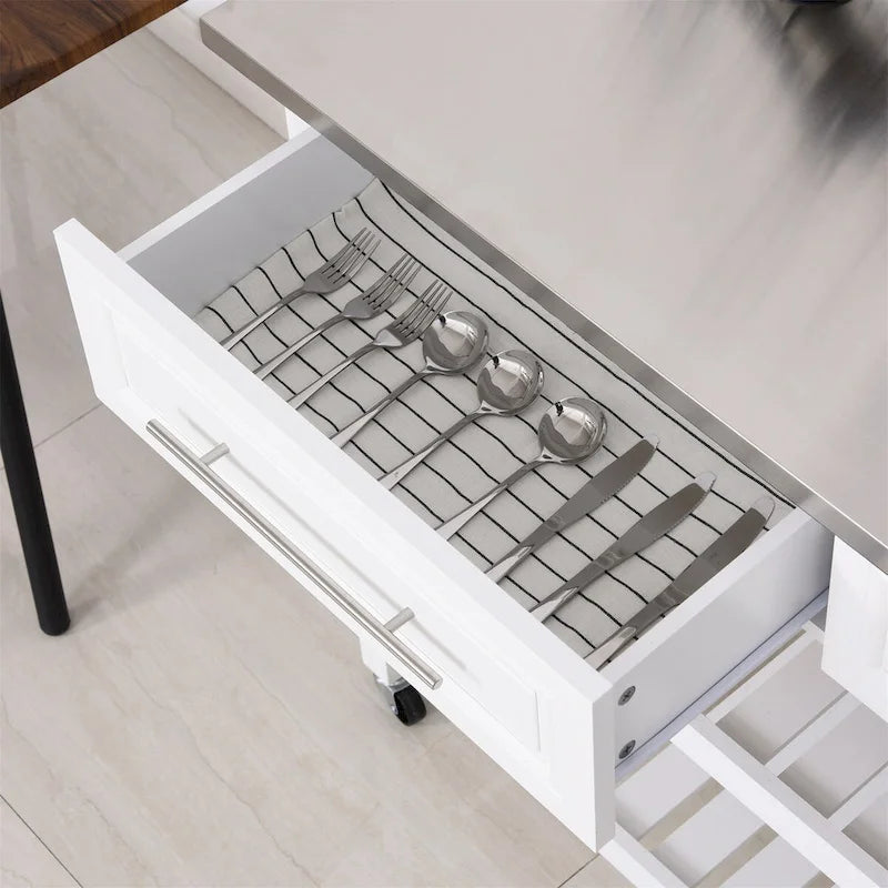 Dessert sur roulettes avec plateau en acier inoxydable, 2 tiroirs et étagères à lattes – Style ferme