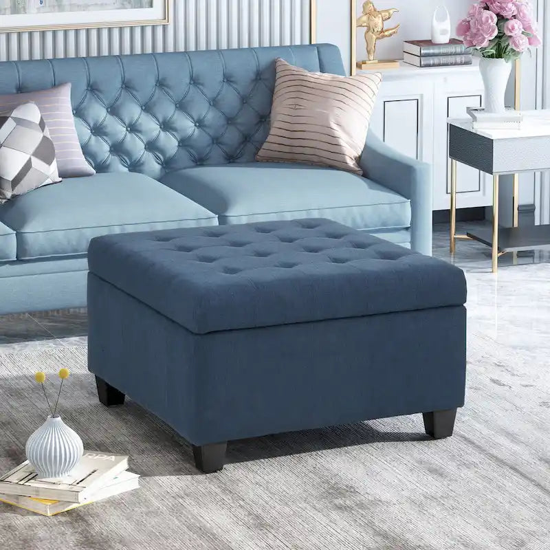 Pouf de rangement carré avec couvercle capitonné gaufré et charnières à fermeture progressive