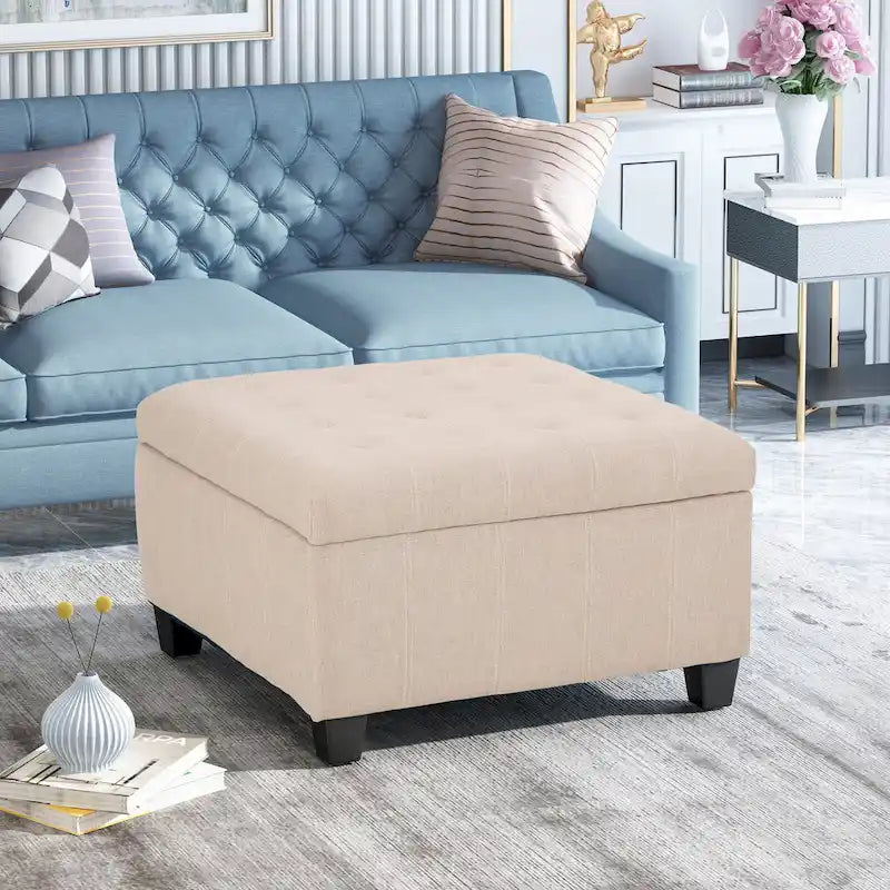 Pouf de rangement carré avec couvercle capitonné gaufré et charnières à fermeture progressive