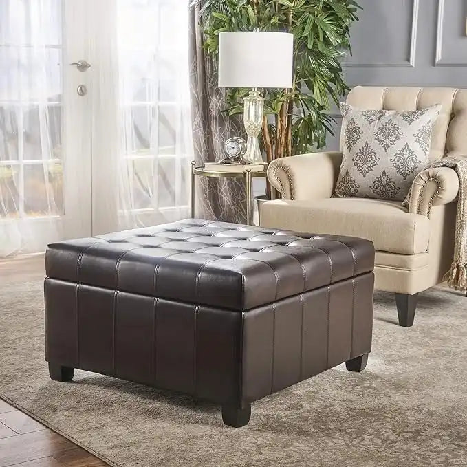 Pouf de rangement carré avec couvercle capitonné gaufré et charnières à fermeture progressive