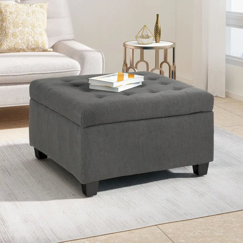Pouf de rangement carré avec couvercle capitonné gaufré et charnières à fermeture progressive