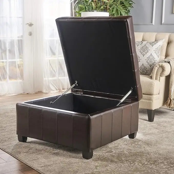 Pouf de rangement carré avec couvercle capitonné gaufré et charnières à fermeture progressive