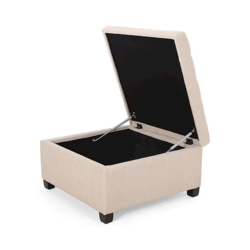 Pouf de rangement carré avec couvercle capitonné gaufré et charnières à fermeture progressive