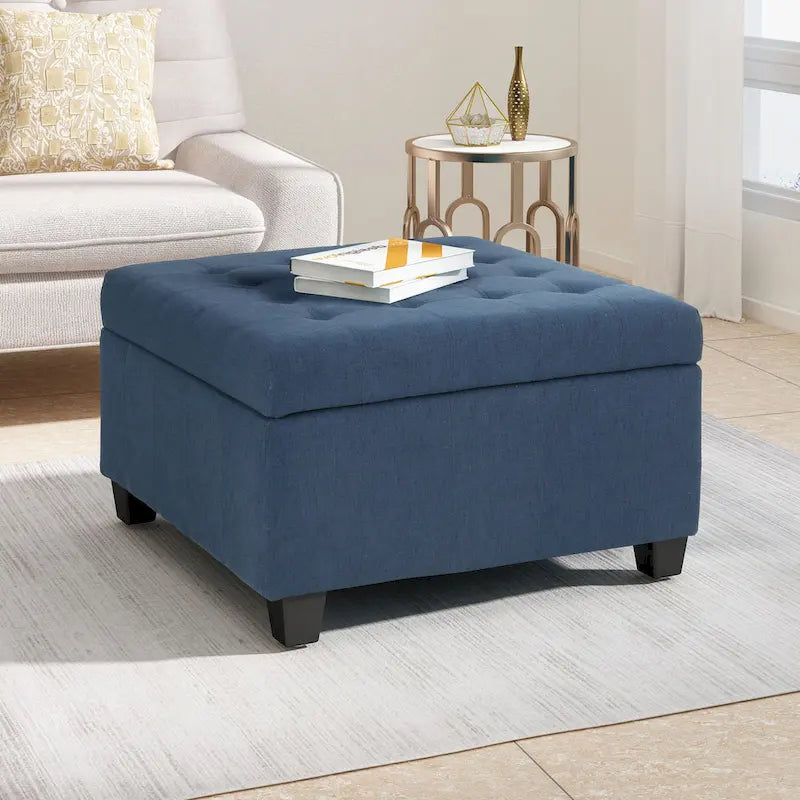 Pouf de rangement carré avec couvercle capitonné gaufré et charnières à fermeture progressive