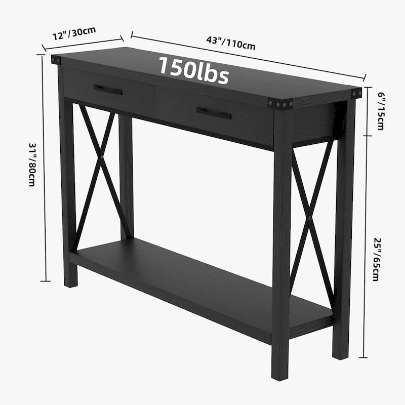 Console industrielle avec 2 tiroirs et étagère inférieure – Structure en métal et finition grain de bois