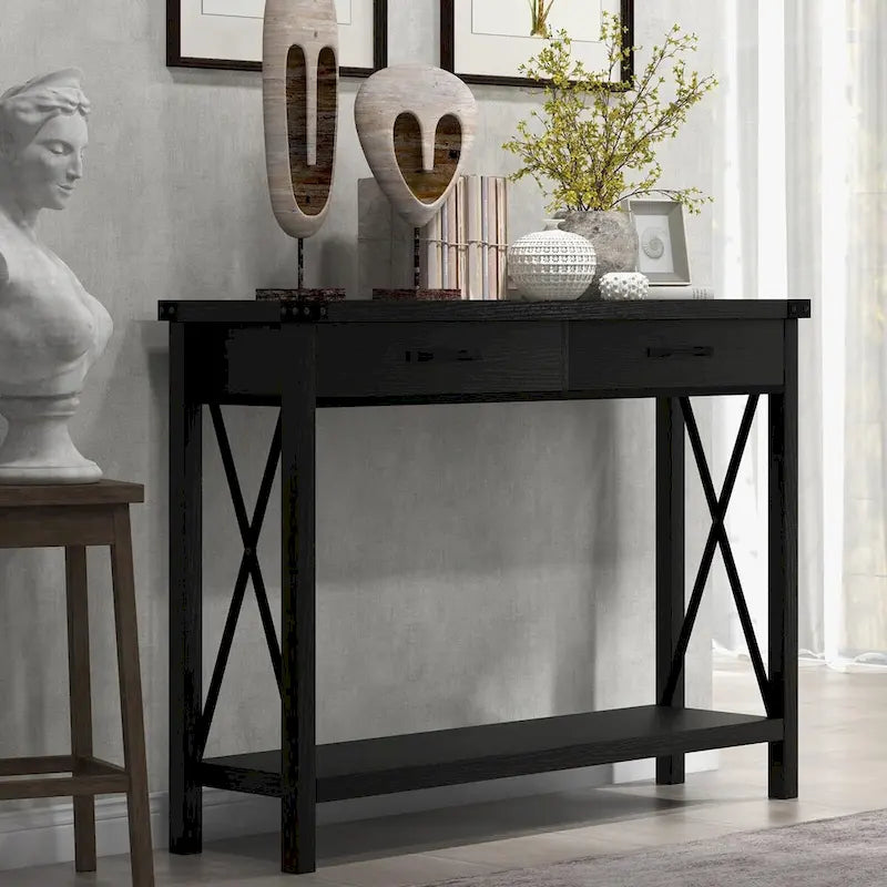Console industrielle avec 2 tiroirs et étagère inférieure – Structure en métal et finition grain de bois