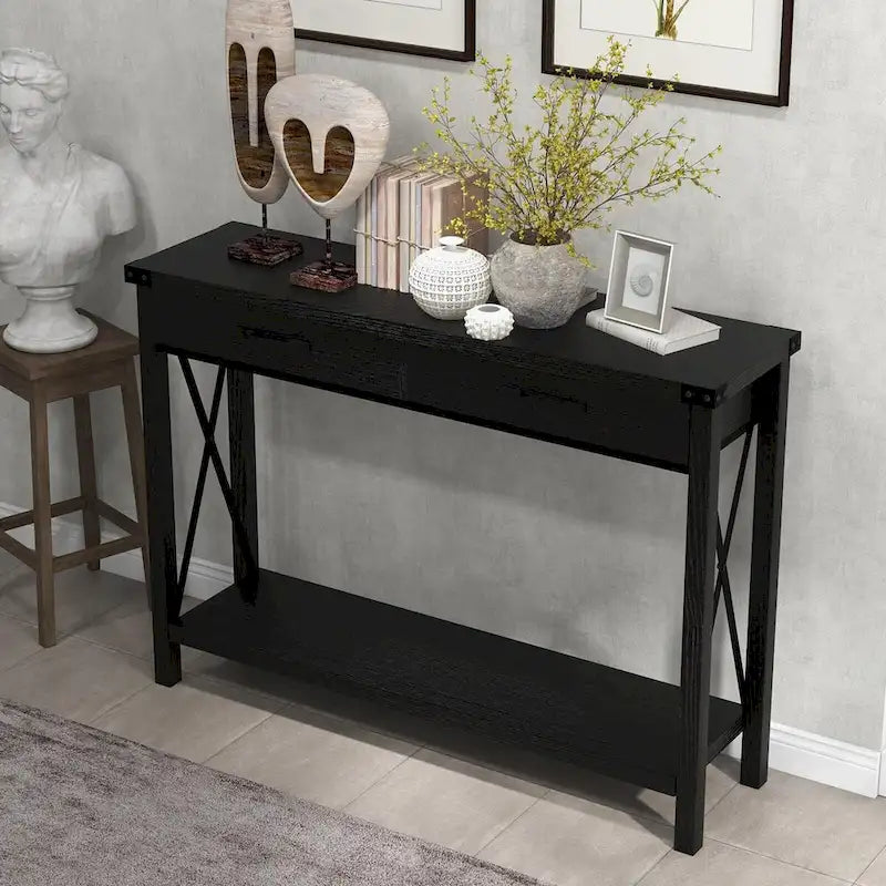 Console industrielle avec 2 tiroirs et étagère inférieure – Structure en métal et finition grain de bois