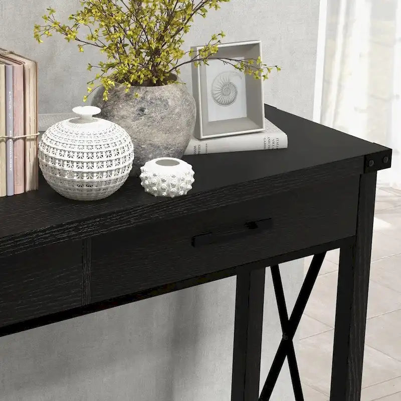 Console industrielle avec 2 tiroirs et étagère inférieure – Structure en métal et finition grain de bois