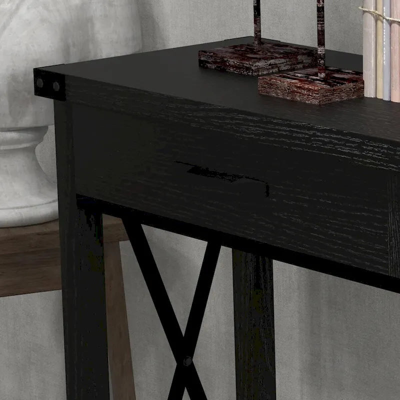 Console industrielle avec 2 tiroirs et étagère inférieure – Structure en métal et finition grain de bois