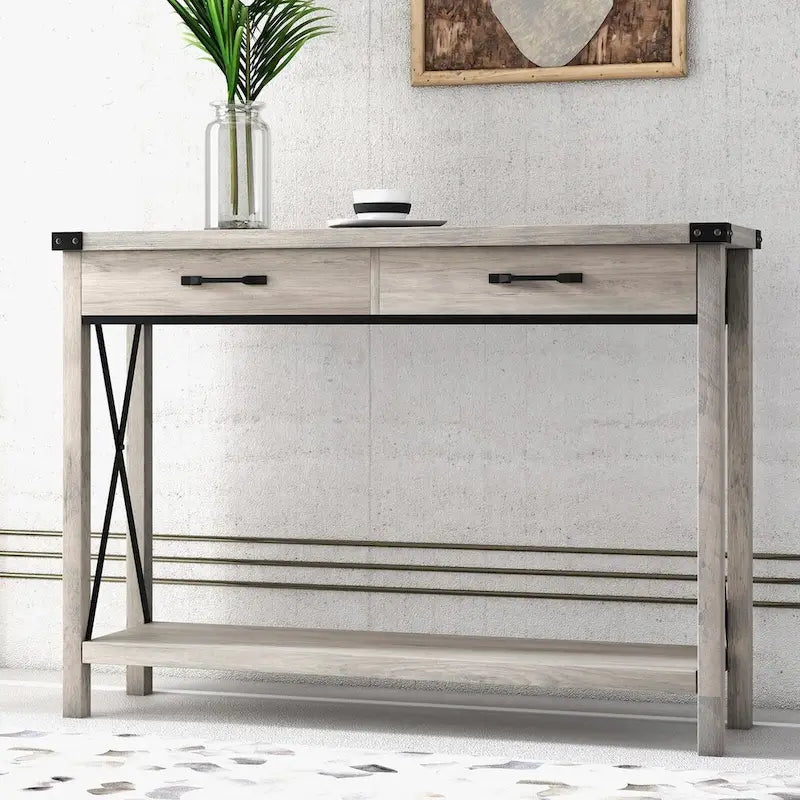 Console industrielle avec 2 tiroirs et étagère inférieure – Structure en métal et finition grain de bois
