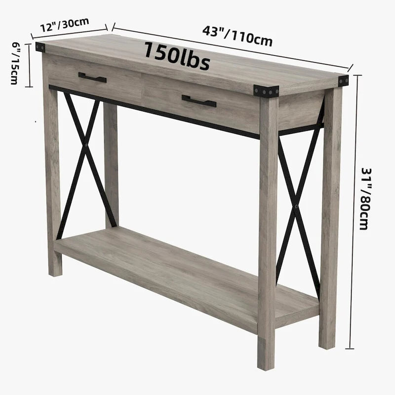 Console industrielle avec 2 tiroirs et étagère inférieure – Structure en métal et finition grain de bois