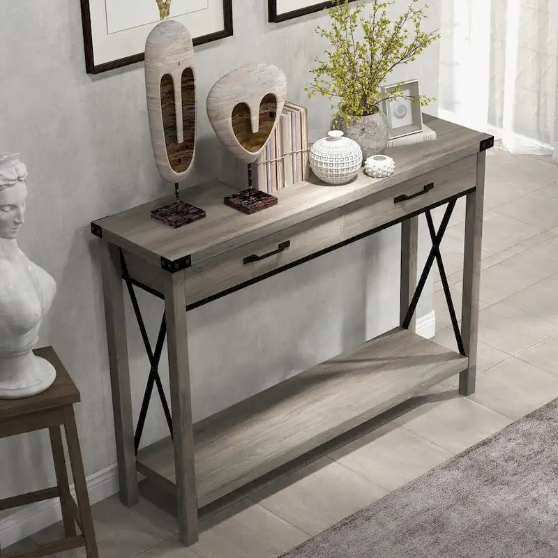 Console industrielle avec 2 tiroirs et étagère inférieure – Structure en métal et finition grain de bois
