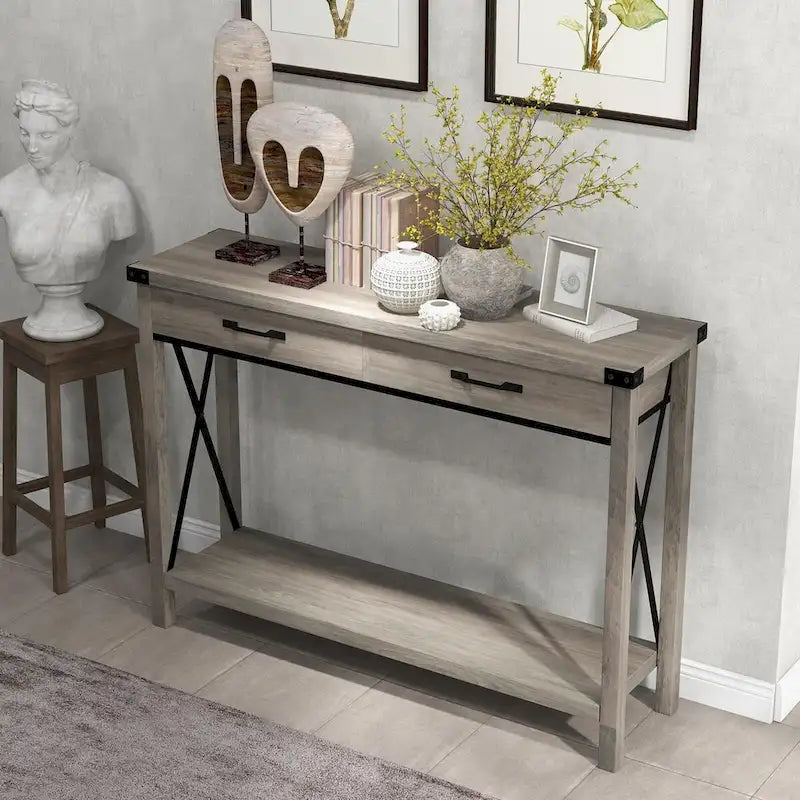Console industrielle avec 2 tiroirs et étagère inférieure – Structure en métal et finition grain de bois
