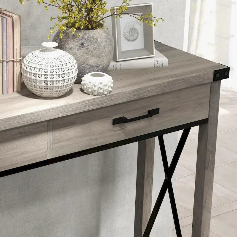 Console industrielle avec 2 tiroirs et étagère inférieure – Structure en métal et finition grain de bois