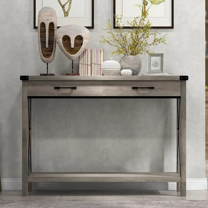 Console industrielle avec 2 tiroirs et étagère inférieure – Structure en métal et finition grain de bois