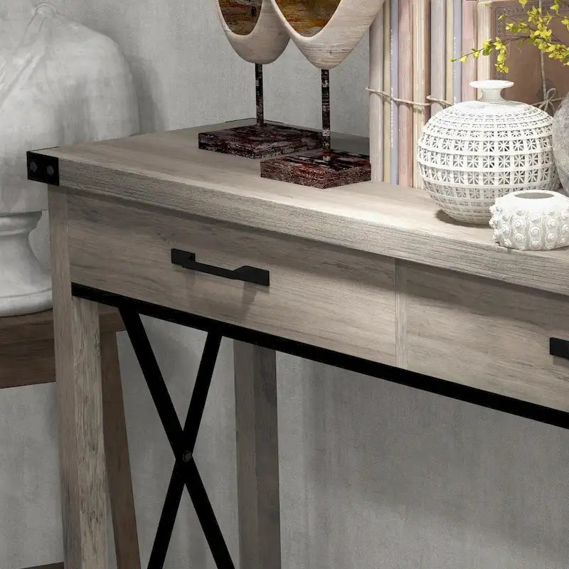 Console industrielle avec 2 tiroirs et étagère inférieure – Structure en métal et finition grain de bois