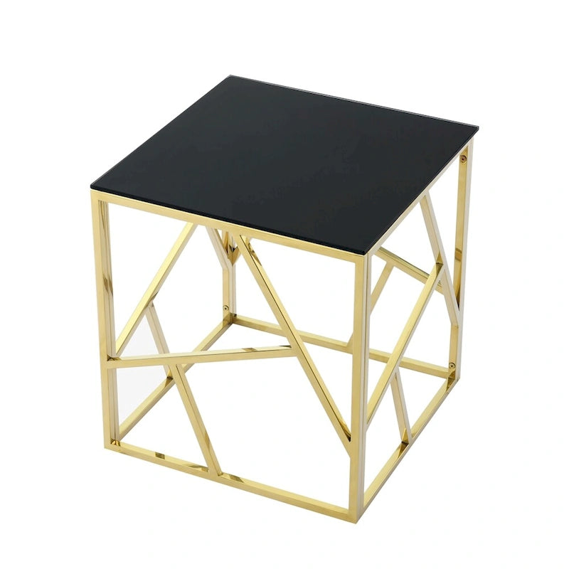 Bout de canapé moderne en métal avec plateau en verre trempé et étagère de rangement