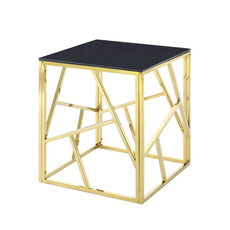 Bout de canapé moderne en métal avec plateau en verre trempé et étagère de rangement
