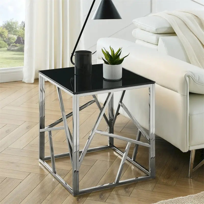 Bout de canapé moderne en métal avec plateau en verre trempé et étagère de rangement