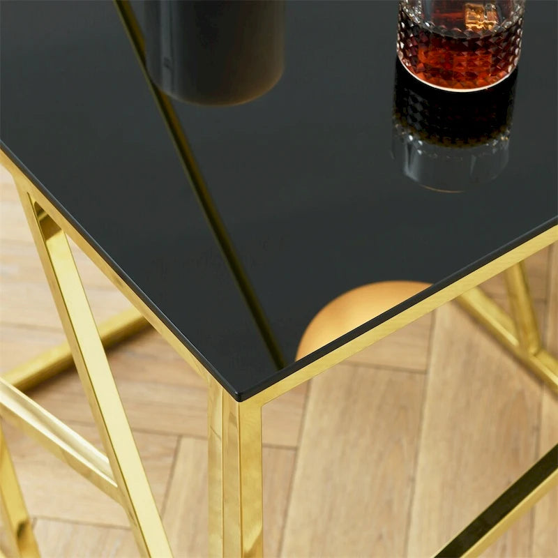 Bout de canapé moderne en métal avec plateau en verre trempé et étagère de rangement