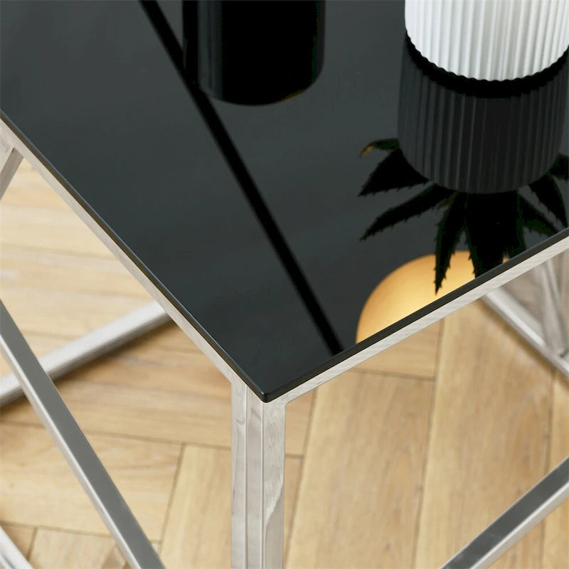 Bout de canapé moderne en métal avec plateau en verre trempé et étagère de rangement