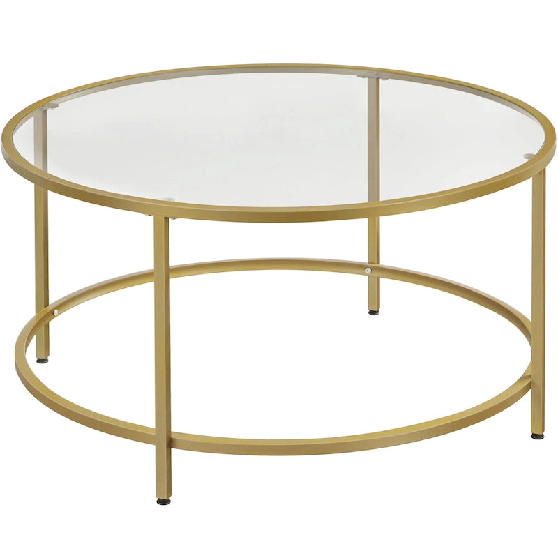 Table basse ronde en verre trempé avec étagère de rangement ouverte — Cadre en fer