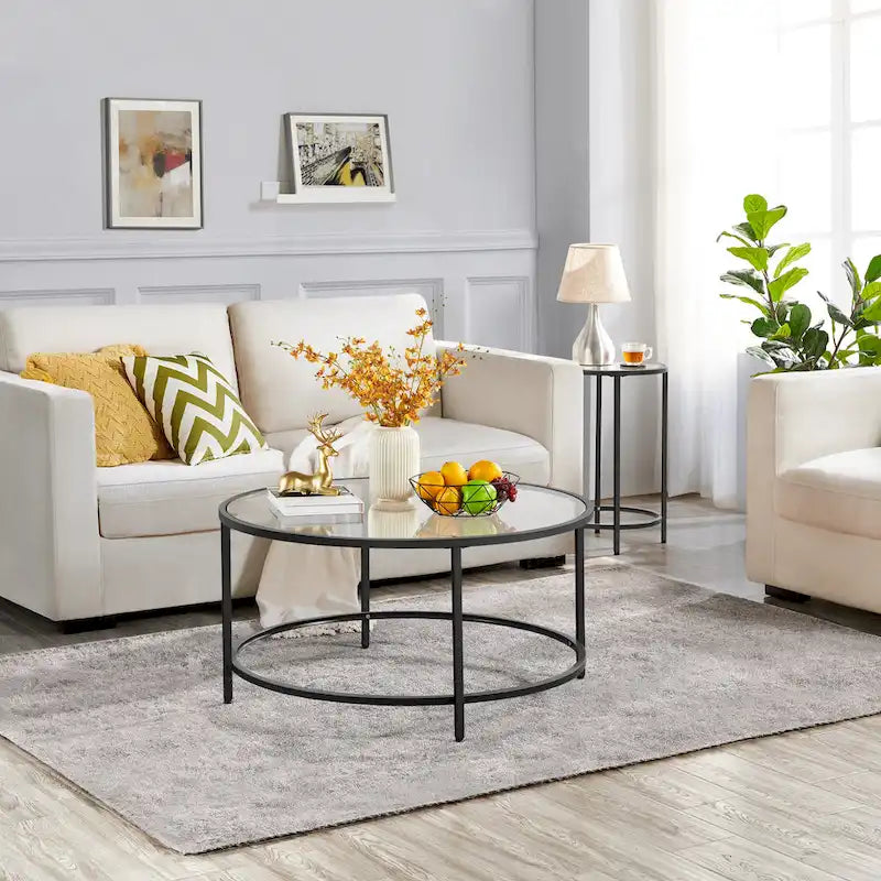 Table basse ronde en verre trempé avec étagère de rangement ouverte — Cadre en fer