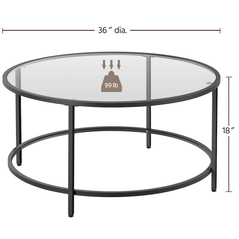 Table basse ronde en verre trempé avec étagère de rangement ouverte — Cadre en fer