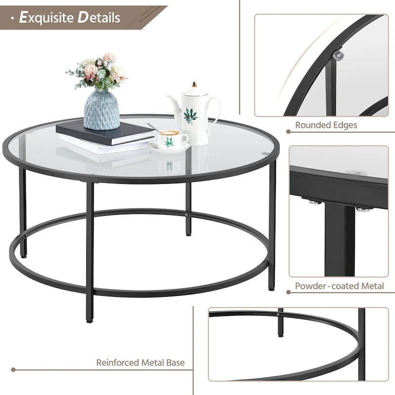 Table basse ronde en verre trempé avec étagère de rangement ouverte — Cadre en fer