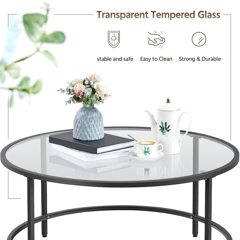 Table basse ronde en verre trempé avec étagère de rangement ouverte — Cadre en fer