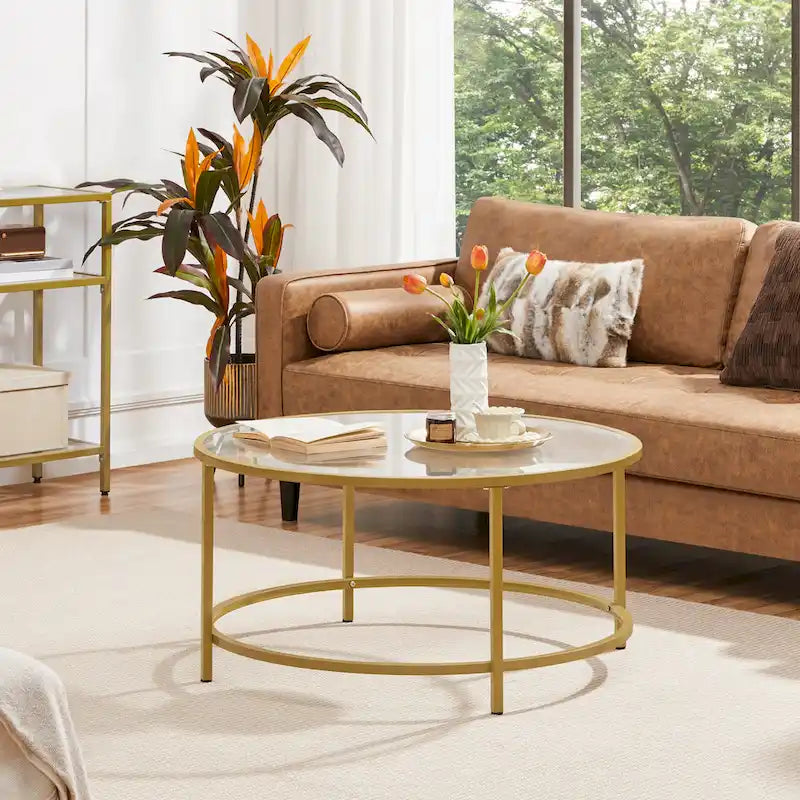 Table basse ronde en verre trempé avec étagère de rangement ouverte — Cadre en fer