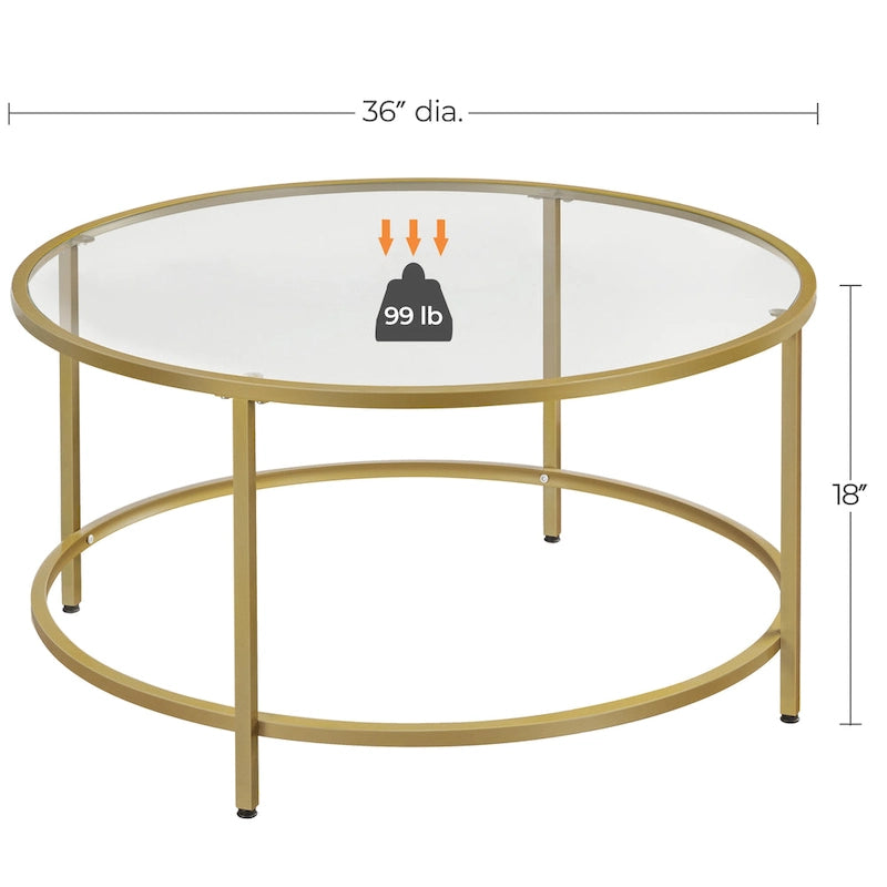 Table basse ronde en verre trempé avec étagère de rangement ouverte — Cadre en fer