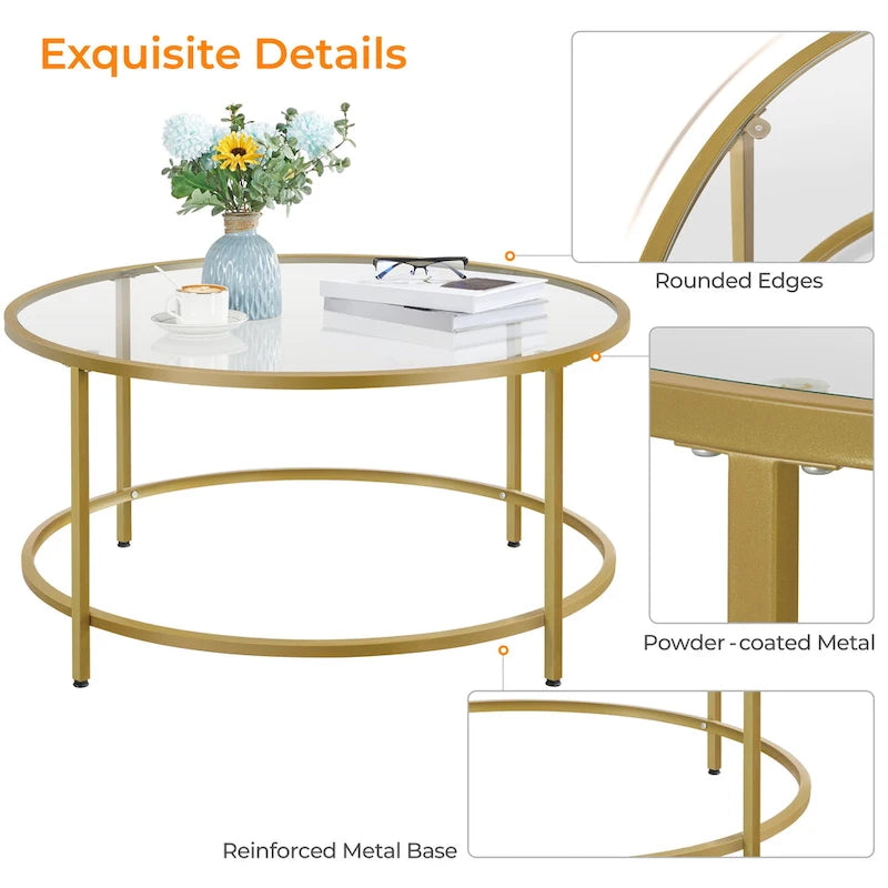 Table basse ronde en verre trempé avec étagère de rangement ouverte — Cadre en fer
