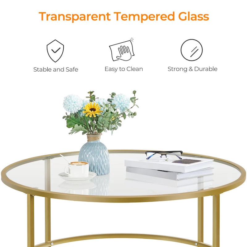 Table basse ronde en verre trempé avec étagère de rangement ouverte — Cadre en fer