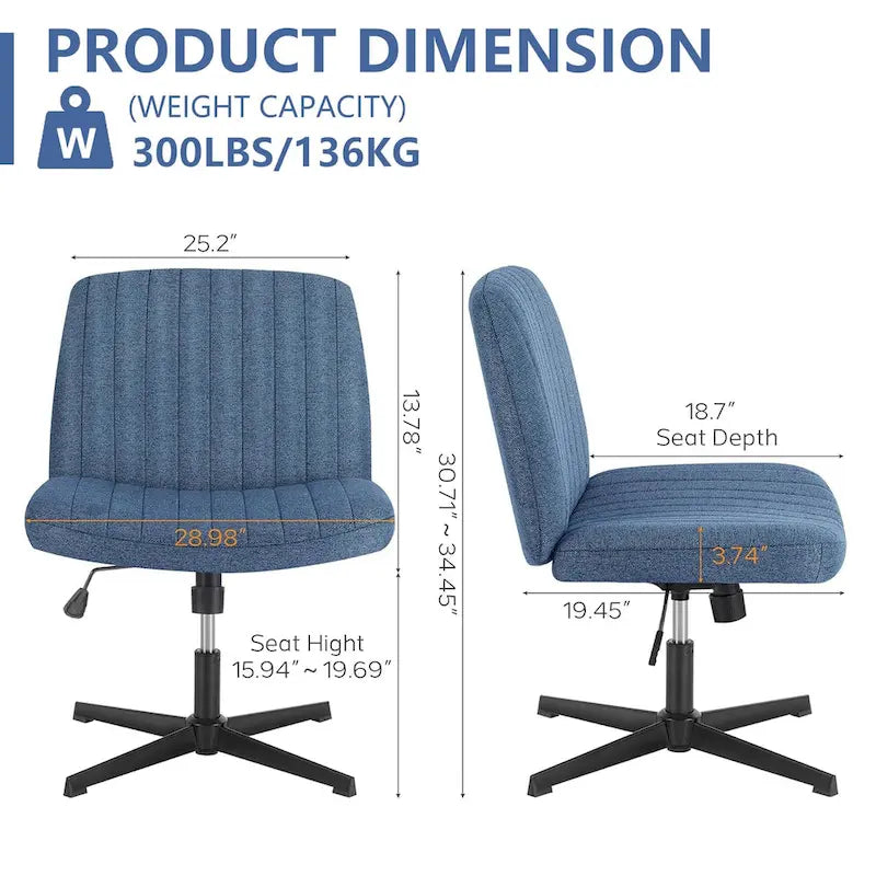 Chaise de bureau pivotante sans accoudoirs avec pieds croisés, hauteur réglable et roulettes
