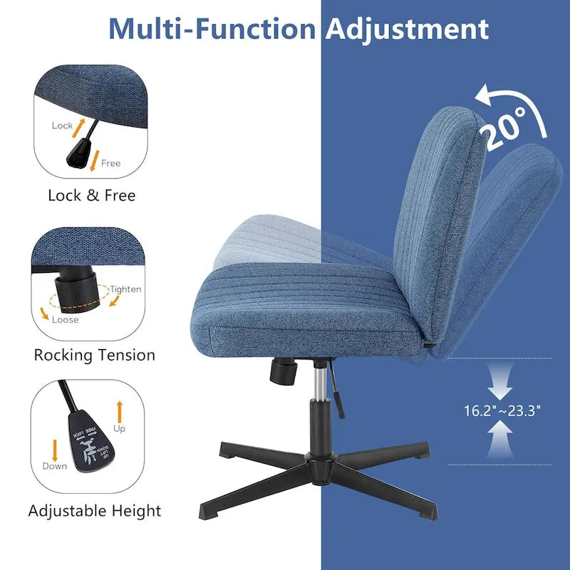 Chaise de bureau pivotante sans accoudoirs avec pieds croisés, hauteur réglable et roulettes