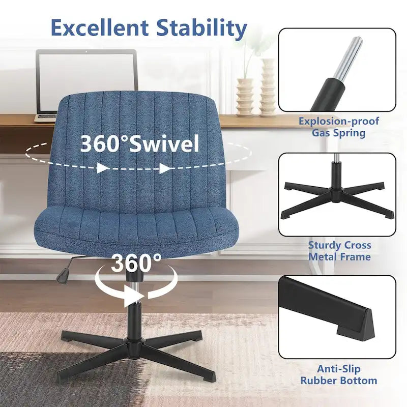 Chaise de bureau pivotante sans accoudoirs avec pieds croisés, hauteur réglable et roulettes