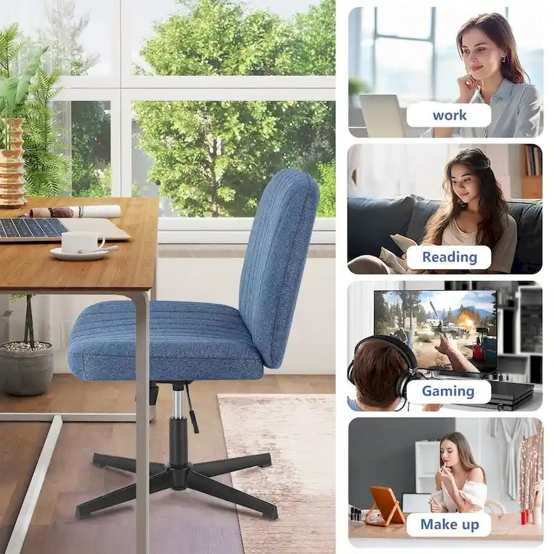 Chaise de bureau pivotante sans accoudoirs avec pieds croisés, hauteur réglable et roulettes