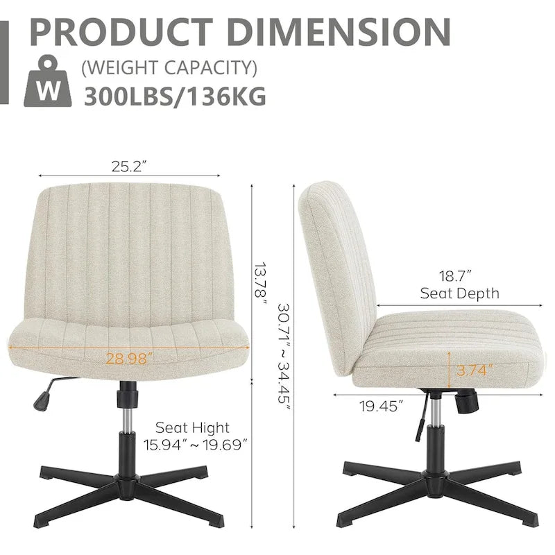 Chaise de bureau pivotante sans accoudoirs avec pieds croisés, hauteur réglable et roulettes