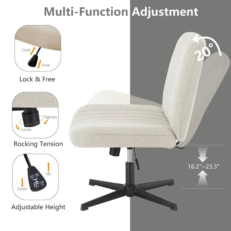 Chaise de bureau pivotante sans accoudoirs avec pieds croisés, hauteur réglable et roulettes
