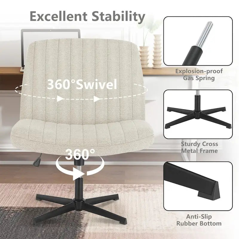 Chaise de bureau pivotante sans accoudoirs avec pieds croisés, hauteur réglable et roulettes