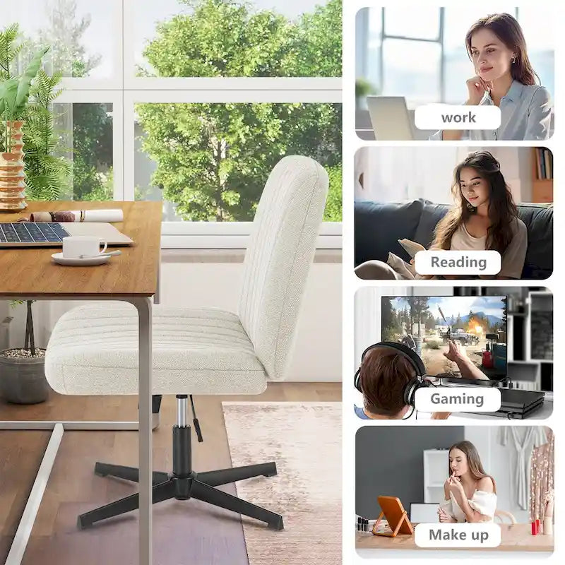 Chaise de bureau pivotante sans accoudoirs avec pieds croisés, hauteur réglable et roulettes